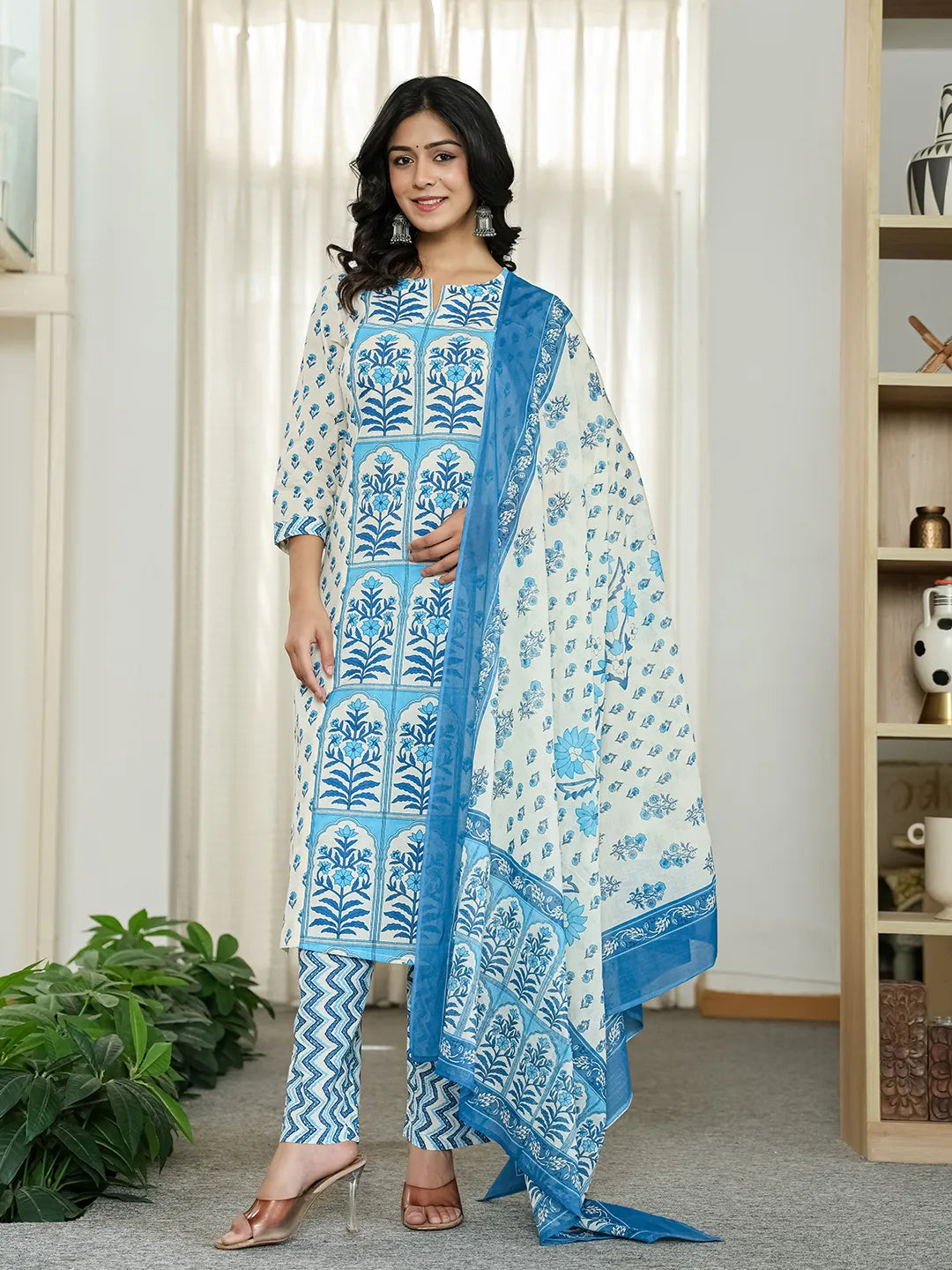 Women's Blue Cotton Blue And White Ethnic Motifs Straight Kurta Trouser Dupatta Set by Yufta, suitable for wholesale buyers, boutiques, retailers, resellers and bulk fashion orders from Trendphoria