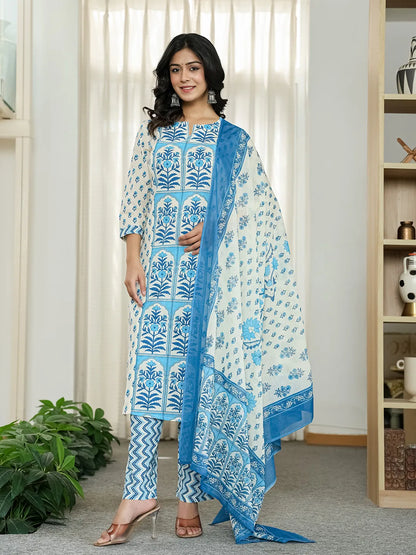 Women's Blue Cotton Blue And White Ethnic Motifs Straight Kurta Trouser Dupatta Set by Yufta, suitable for wholesale buyers, boutiques, retailers, resellers and bulk fashion orders from Trendphoria