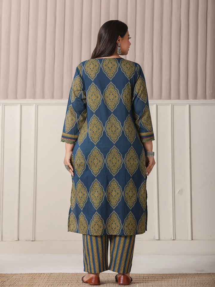 Block Print Cotton Lace Work Plus Size Kurta Set With Pant &amp; Dupatta