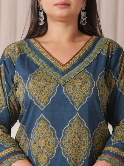 Block Print Cotton Lace Work Plus Size Kurta Set With Pant & Dupatta