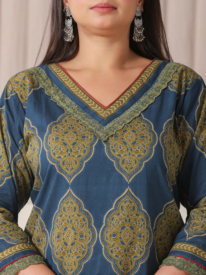 Block Print Cotton Lace Work Plus Size Kurta Set With Pant &amp; Dupatta