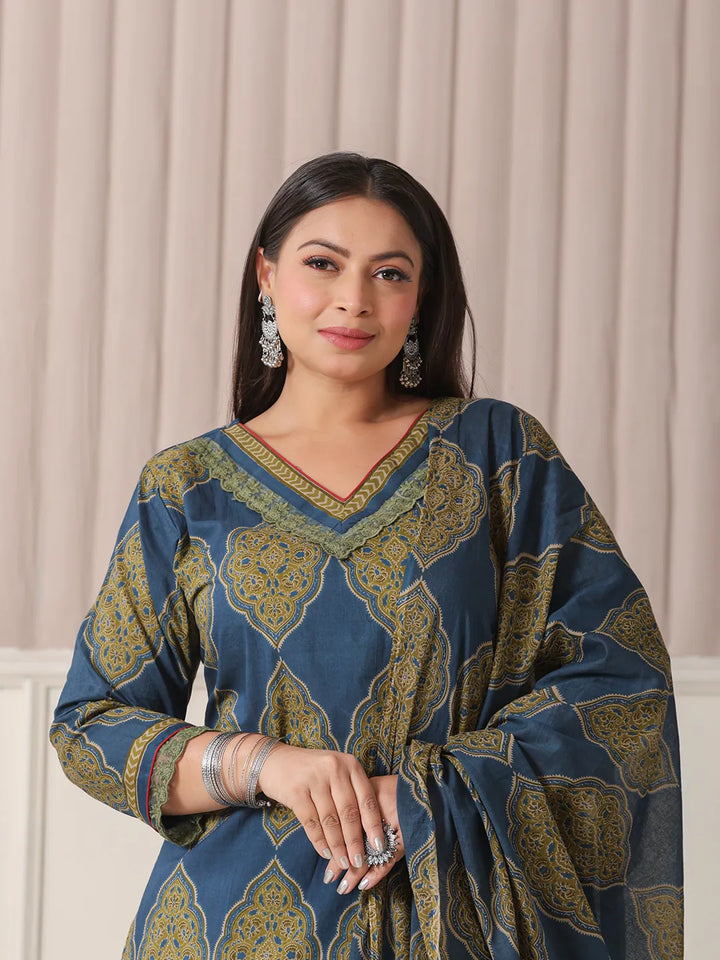 Block Print Cotton Lace Work Plus Size Kurta Set With Pant &amp; Dupatta