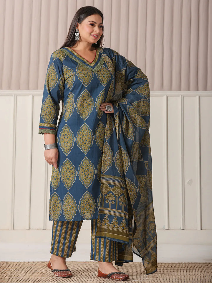 Block Print Cotton Lace Work Plus Size Kurta Set With Pant &amp; Dupatta