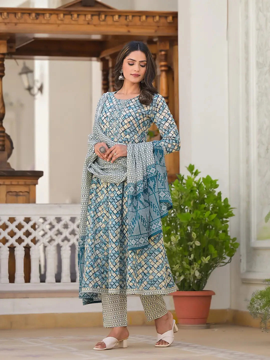 Blue Checkered Print Anarkali Kurta Trouser With Dupatta Set