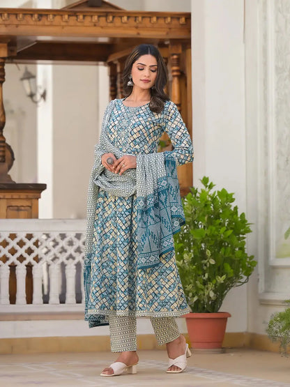 Blue Checkered Print Anarkali Kurta Trouser With Dupatta Set
