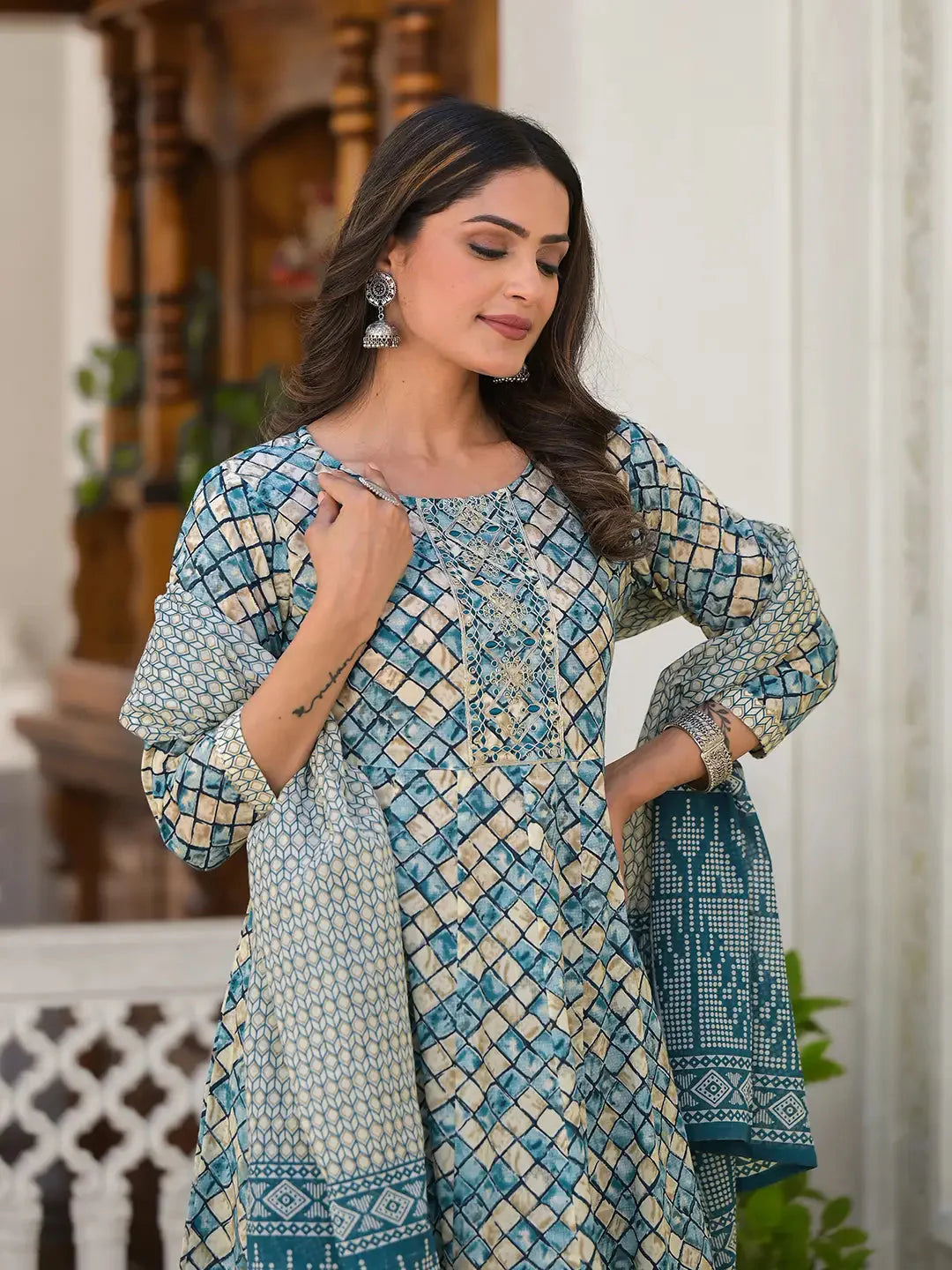 Blue Checkered Print Anarkali Kurta Trouser With Dupatta Set