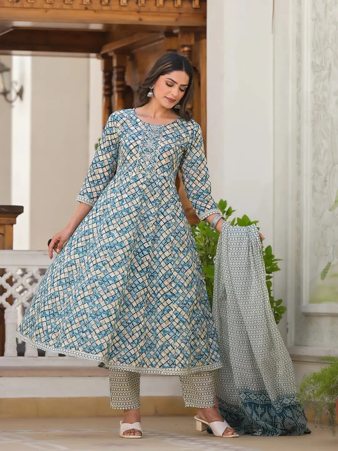 Blue Checkered Print Anarkali Kurta Trouser With Dupatta Set