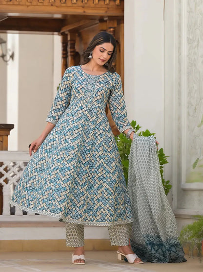 Blue Checkered Print Anarkali Kurta Trouser With Dupatta Set