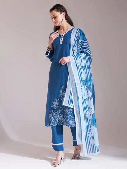 Blue Chikankari Lace Work Straight Kurta Trouser Dupatta Set