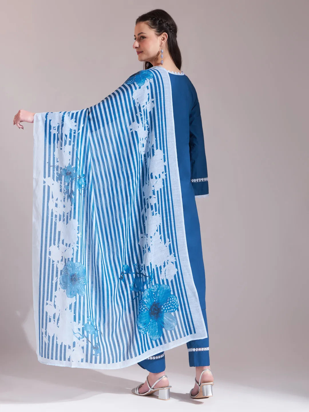 Blue Chikankari Lace Work Straight Kurta Trouser Dupatta Set