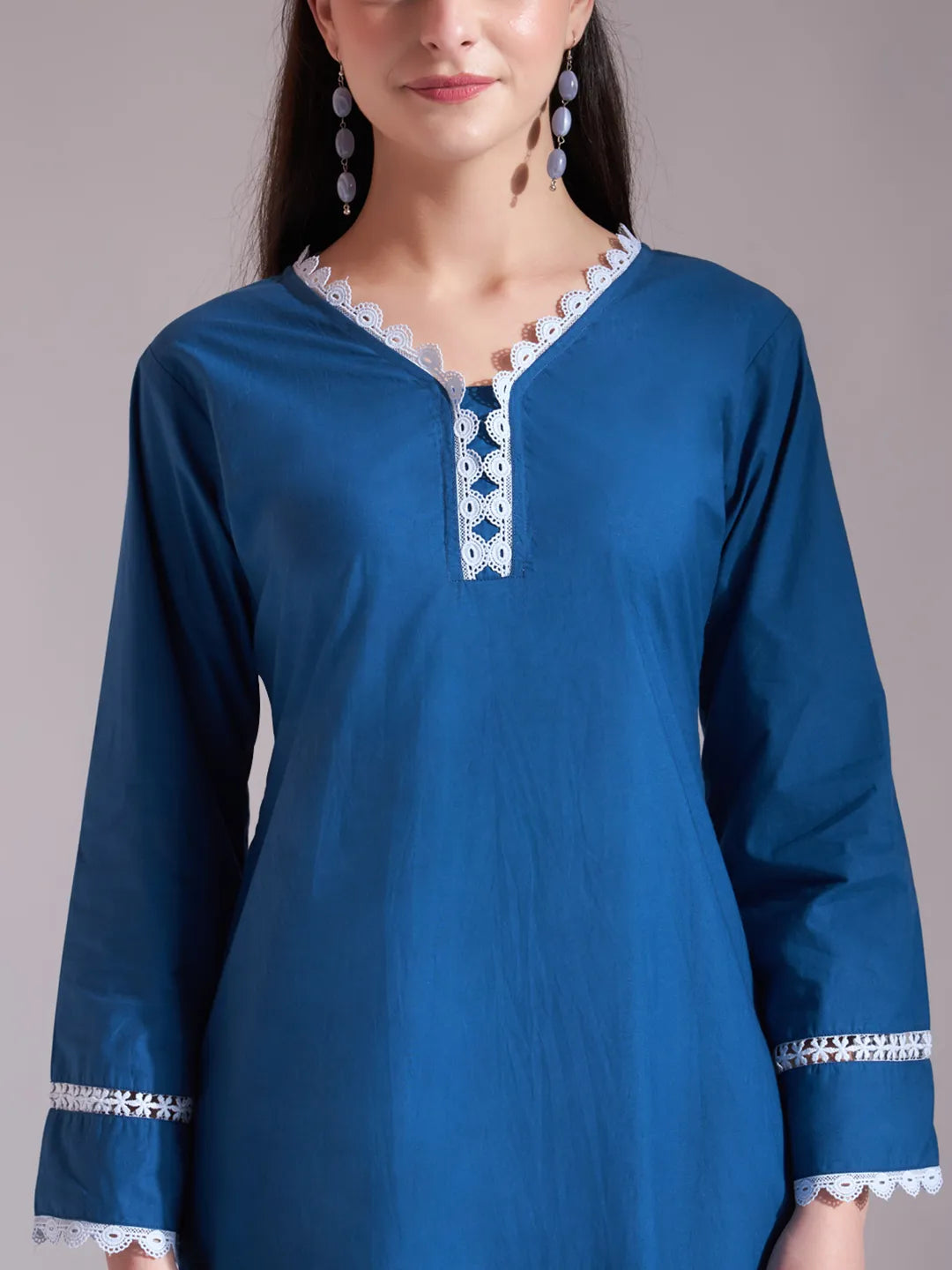 Blue Chikankari Lace Work Straight Kurta Trouser Dupatta Set