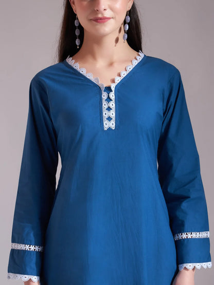 Blue Chikankari Lace Work Straight Kurta Trouser Dupatta Set