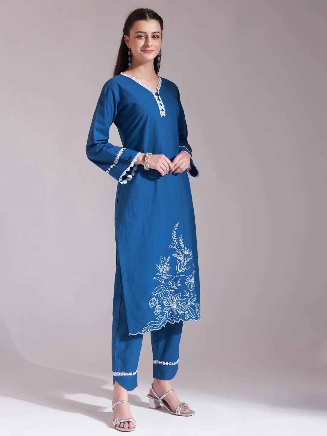 Blue Chikankari Lace Work Straight Kurta Trouser Dupatta Set