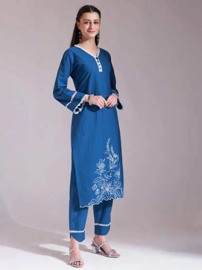 Blue Chikankari Lace Work Straight Kurta Trouser Dupatta Set