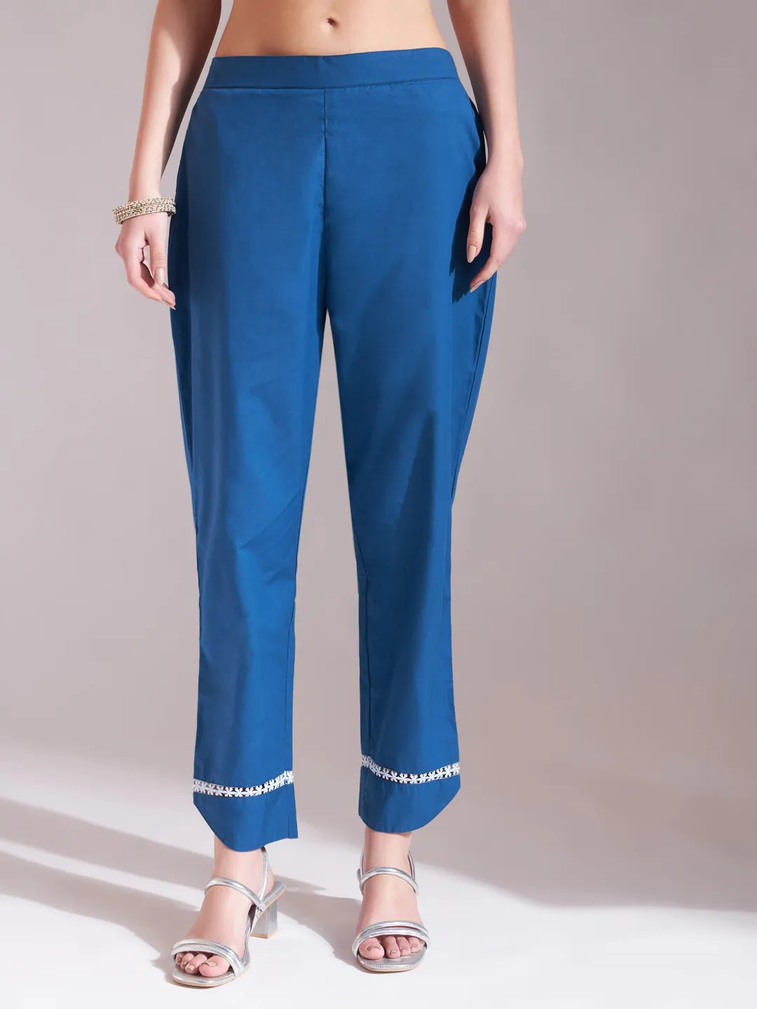 Blue Chikankari Lace Work Straight Kurta Trouser Dupatta Set