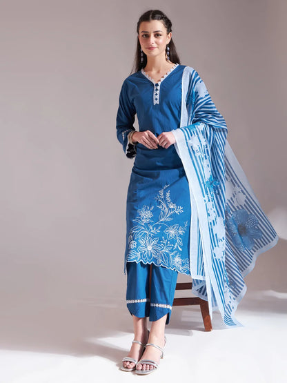 Blue Chikankari Lace Work Straight Kurta Trouser Dupatta Set