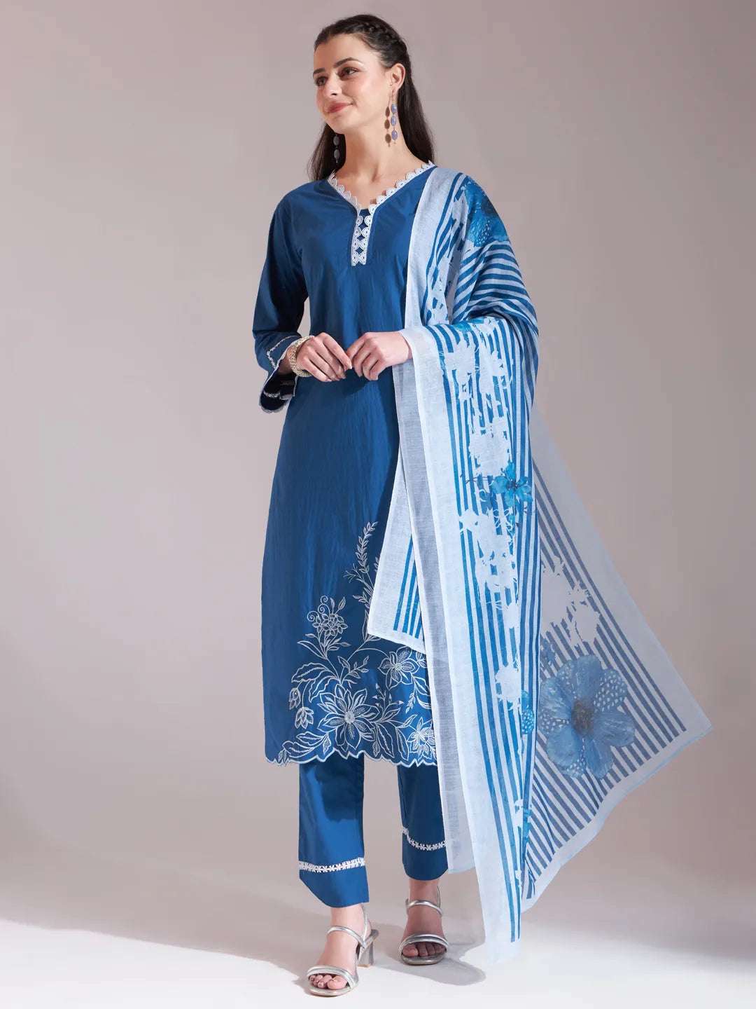 Women's Blue Cotton Blue Chikankari Lace Work Straight Kurta Trouser Dupatta Set by Yufta, suitable for wholesale buyers, boutiques, retailers, resellers and bulk fashion orders from Trendphoria
