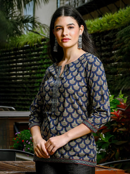 Blue Cotton Abstract Print Regular Top