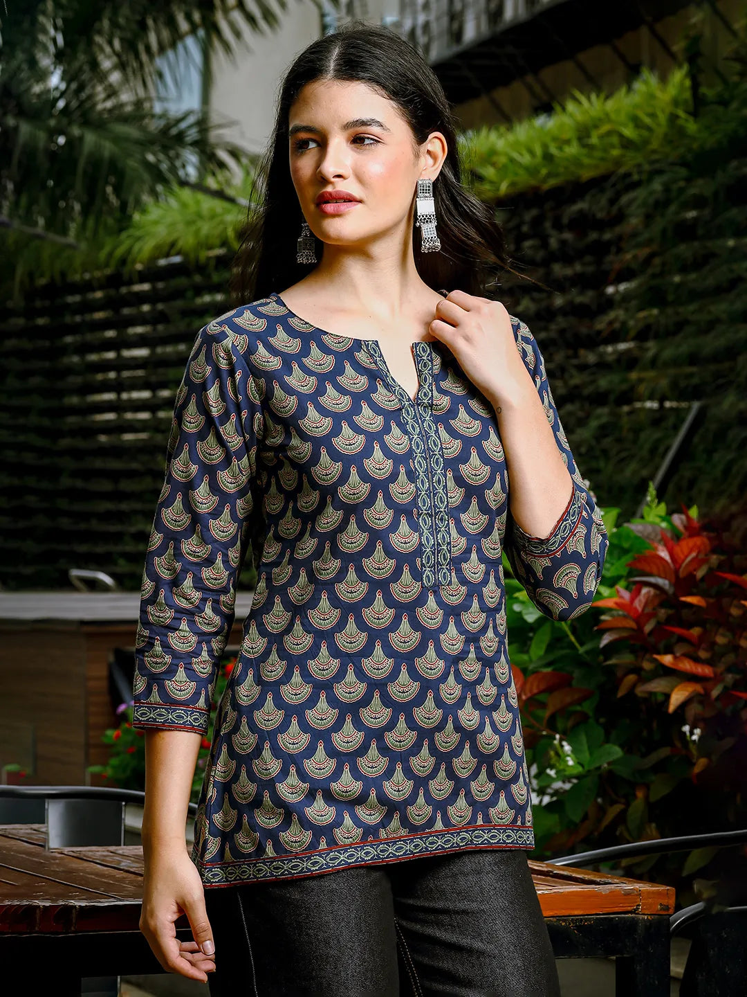 Blue Cotton Abstract Print Regular Top