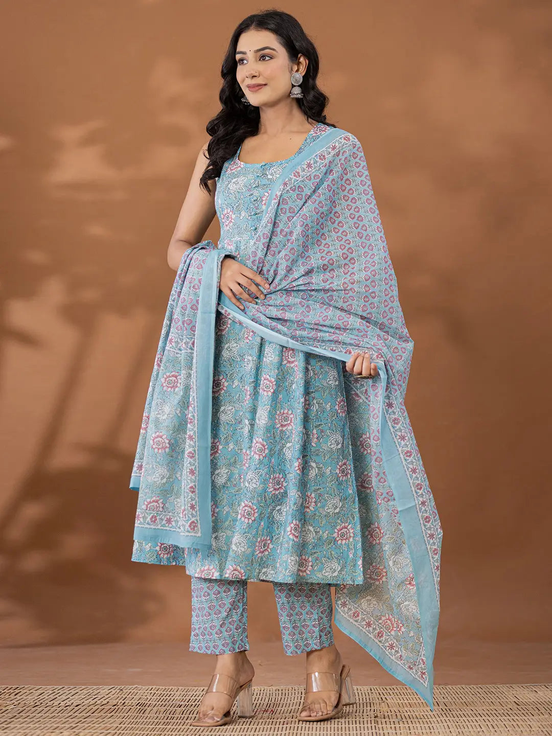 Blue Cotton Anarkali Square Neck Kurta Dupatta Set