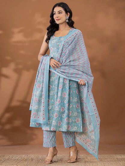 Blue Cotton Anarkali Square Neck Kurta Dupatta Set