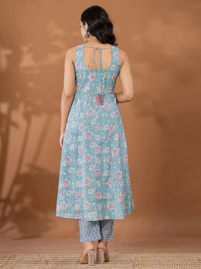 Blue Cotton Anarkali Square Neck Kurta Dupatta Set