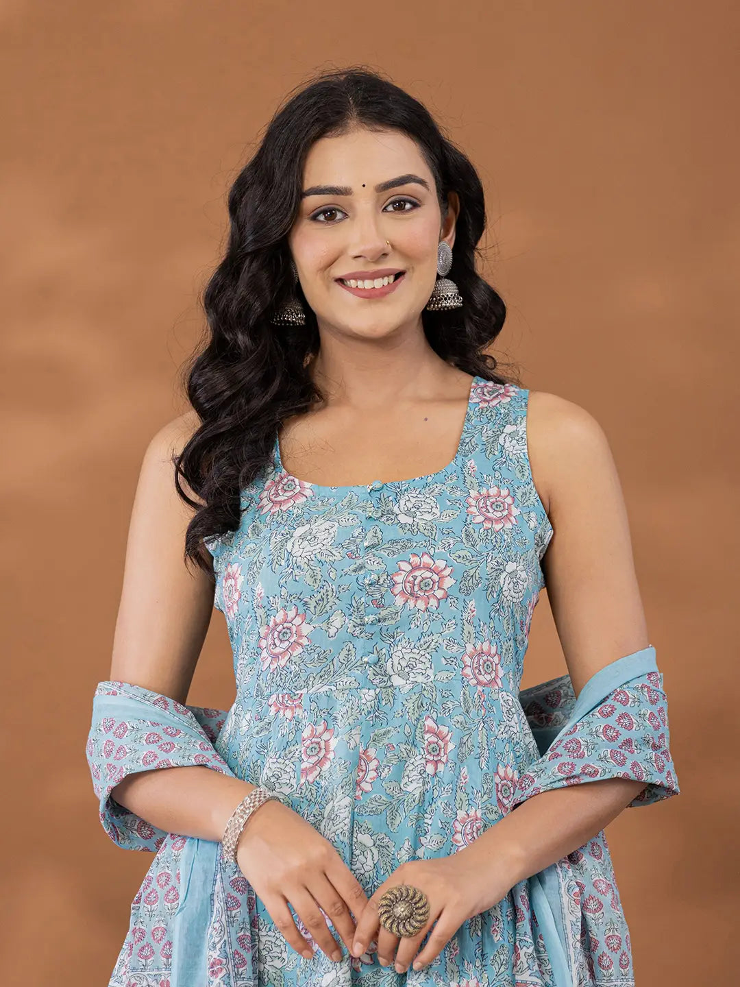 Blue Cotton Anarkali Square Neck Kurta Dupatta Set