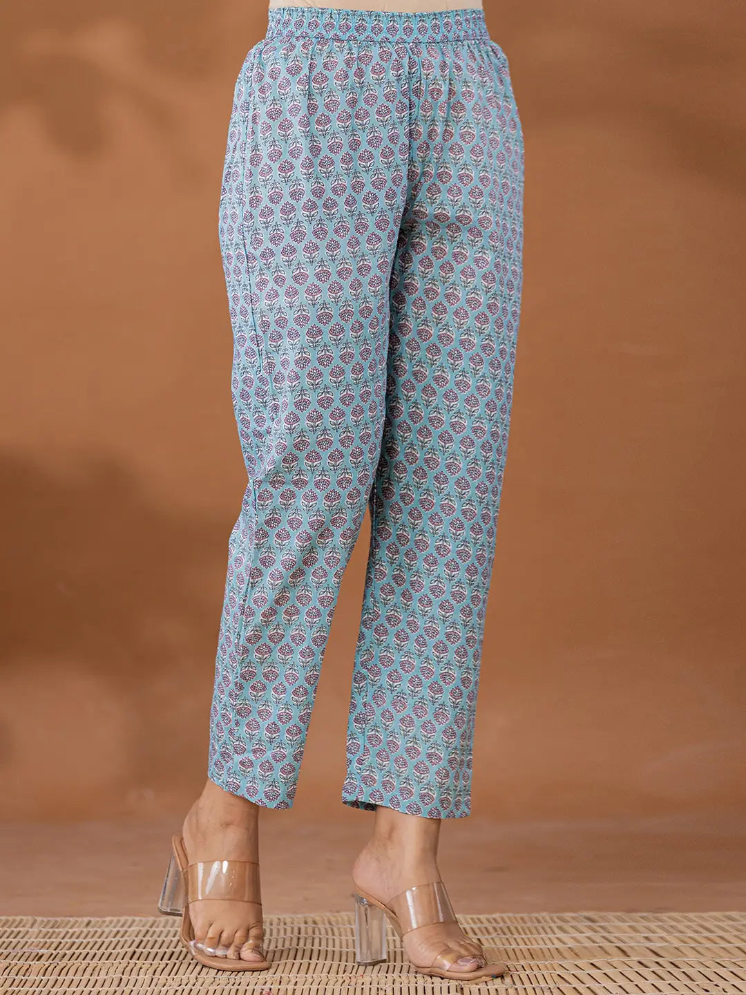 Blue Cotton Anarkali Square Neck Kurta Dupatta Set