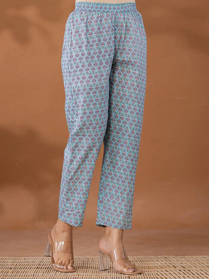 Blue Cotton Anarkali Square Neck Kurta Dupatta Set