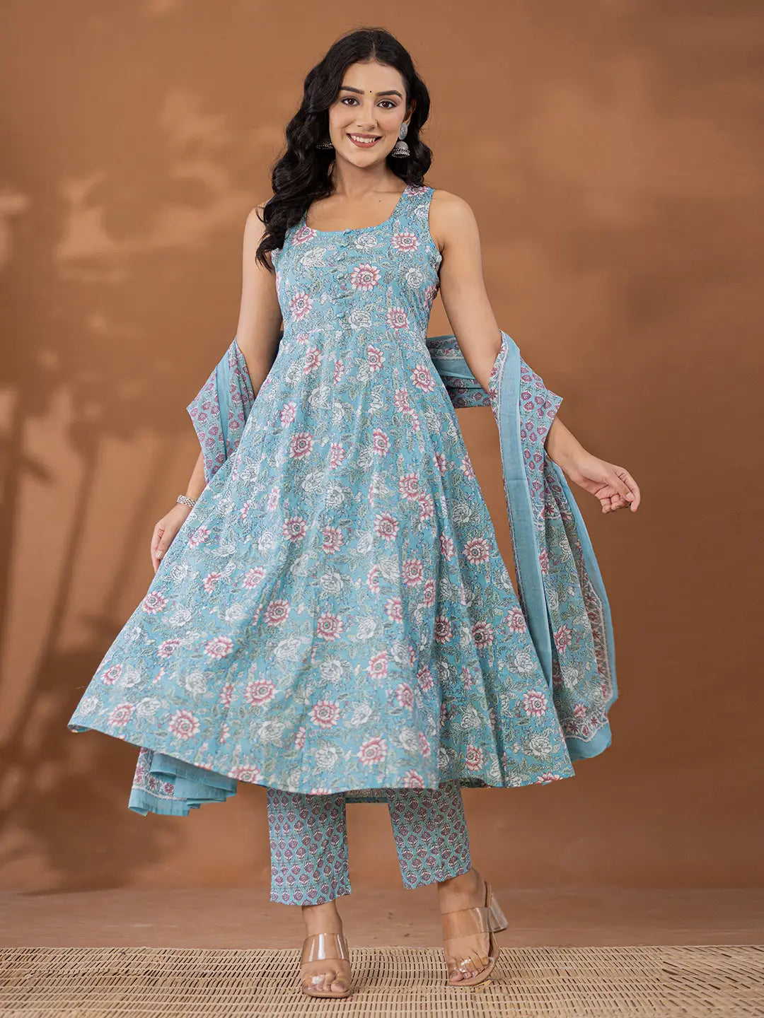 Blue Cotton Anarkali Square Neck Kurta Dupatta Set