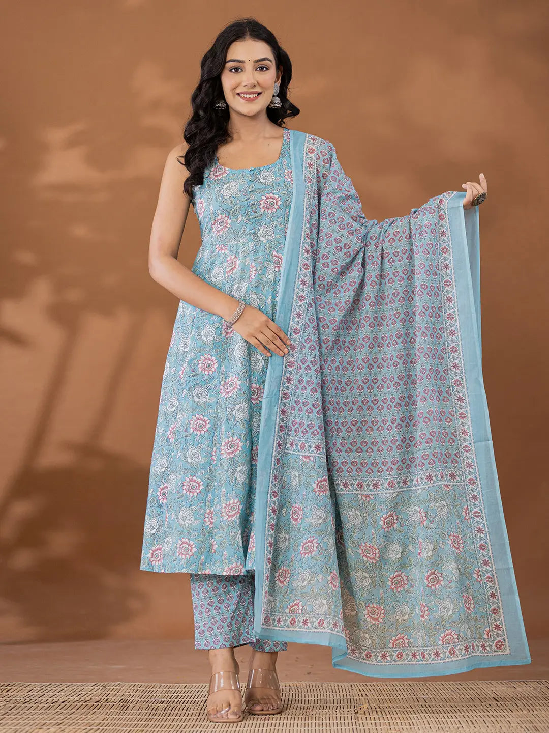 Women's Blue Cotton Blue Cotton Anarkali Square Neck Kurta Dupatta Set by Yufta, suitable for wholesale buyers, boutiques, retailers, resellers and bulk fashion orders from Trendphoria