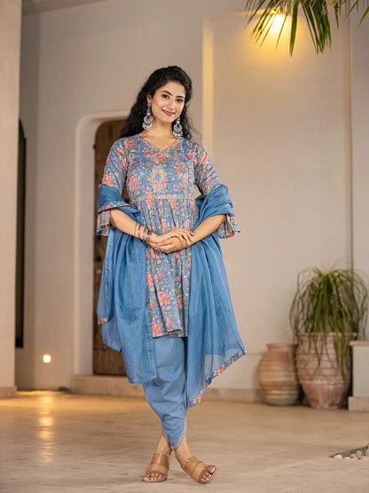 Blue Cotton Beads And Stones A Line Gathers Kurta And Dhoti Pants With Dupatta Set