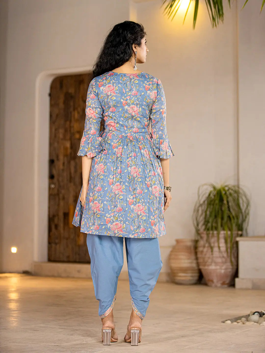 Blue Cotton Beads And Stones A Line Gathers Kurta And Dhoti Pants With Dupatta Set