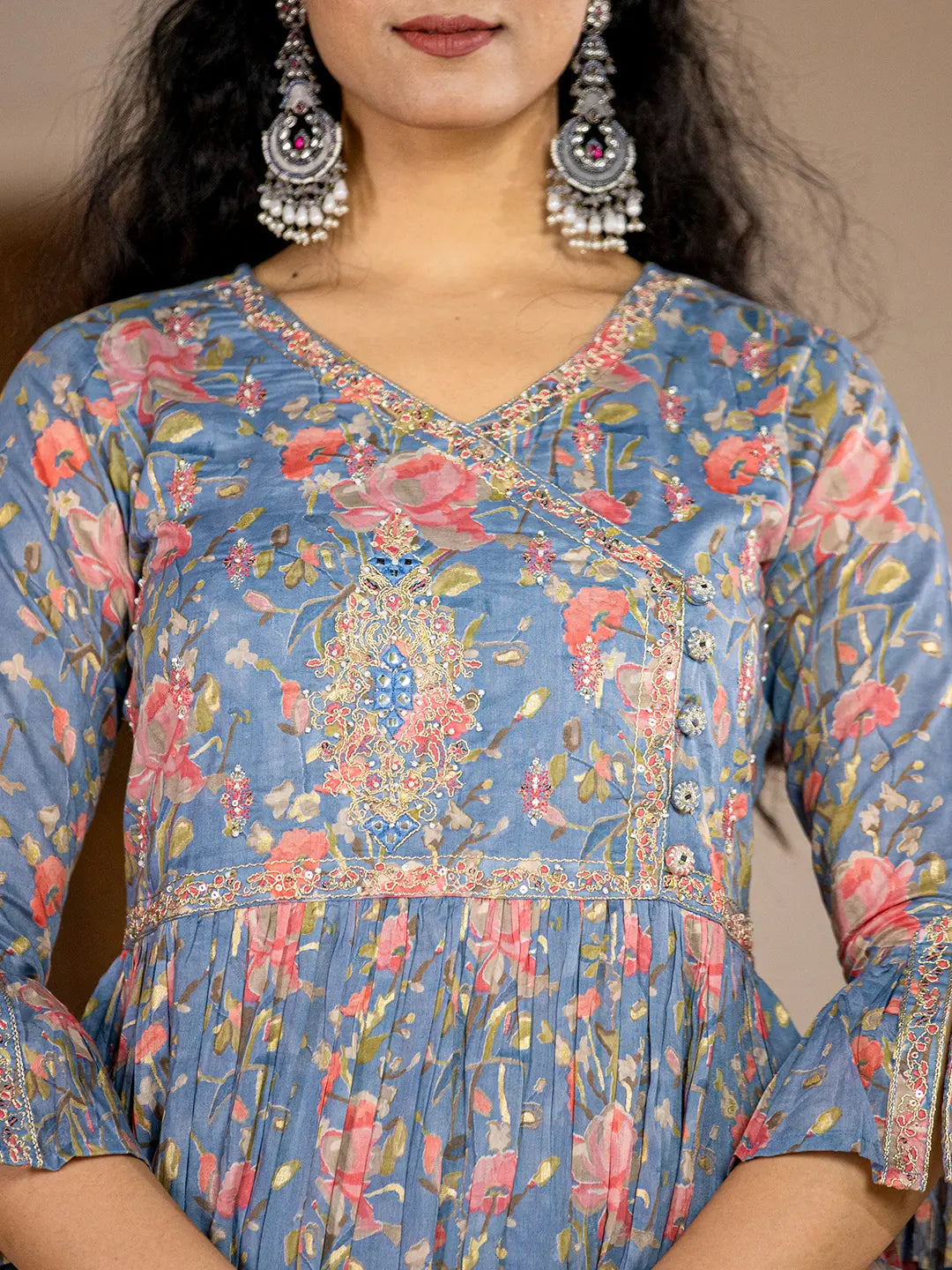 Blue Cotton Beads And Stones A Line Gathers Kurta And Dhoti Pants With Dupatta Set