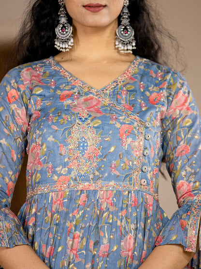 Blue Cotton Beads And Stones A Line Gathers Kurta And Dhoti Pants With Dupatta Set