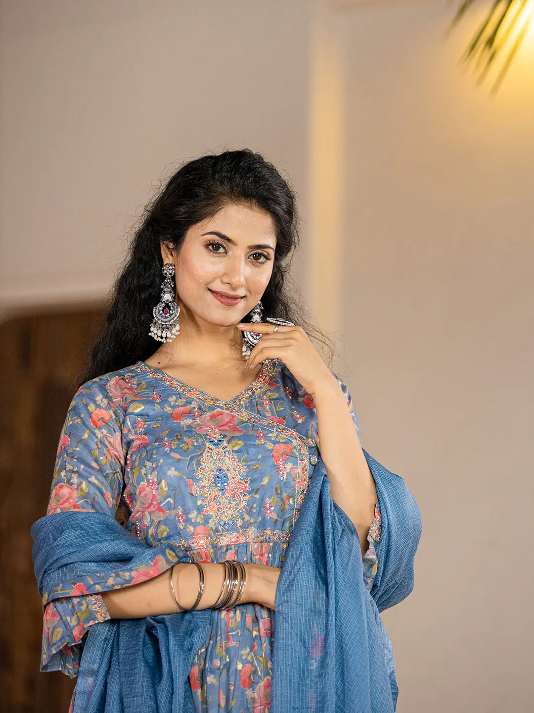 Blue Cotton Beads And Stones A Line Gathers Kurta And Dhoti Pants With Dupatta Set