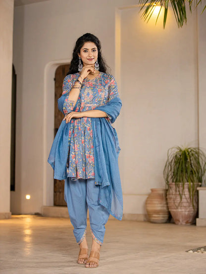 Blue Cotton Beads And Stones A Line Gathers Kurta And Dhoti Pants With Dupatta Set