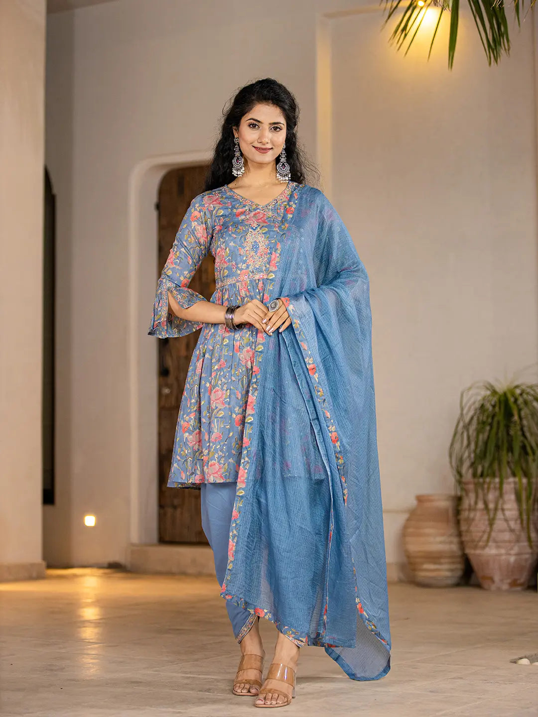 Women's Blue Cotton Blue Cotton Beads And Stones A Line Gathers Kurta And Dhoti Pants With Dupatta Set by Yufta, suitable for wholesale buyers, boutiques, retailers, resellers and bulk fashion orders from Trendphoria