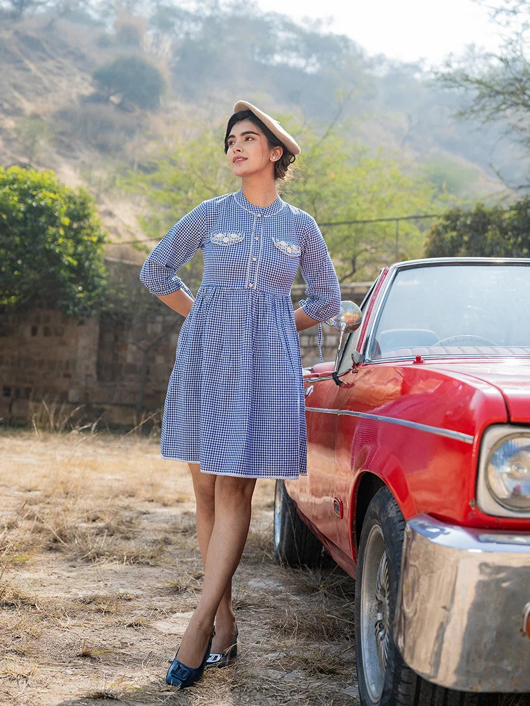 Blue Cotton Check Short Dress