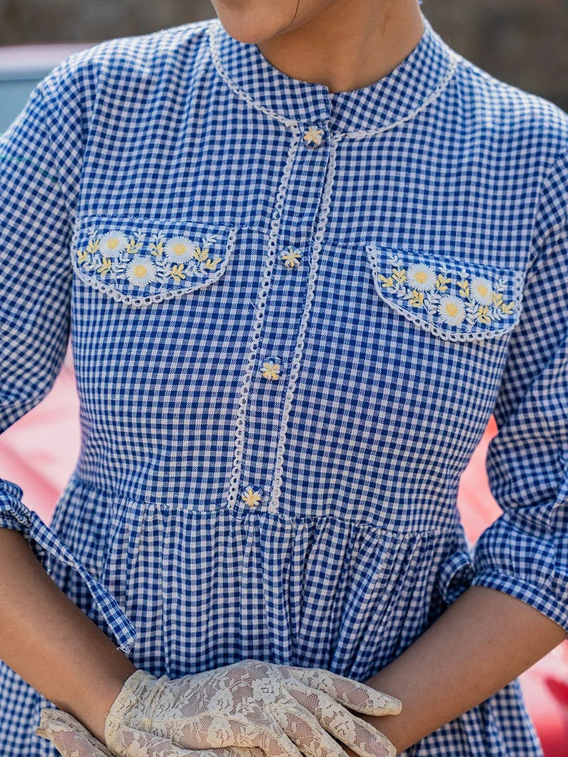 Blue Cotton Check Short Dress