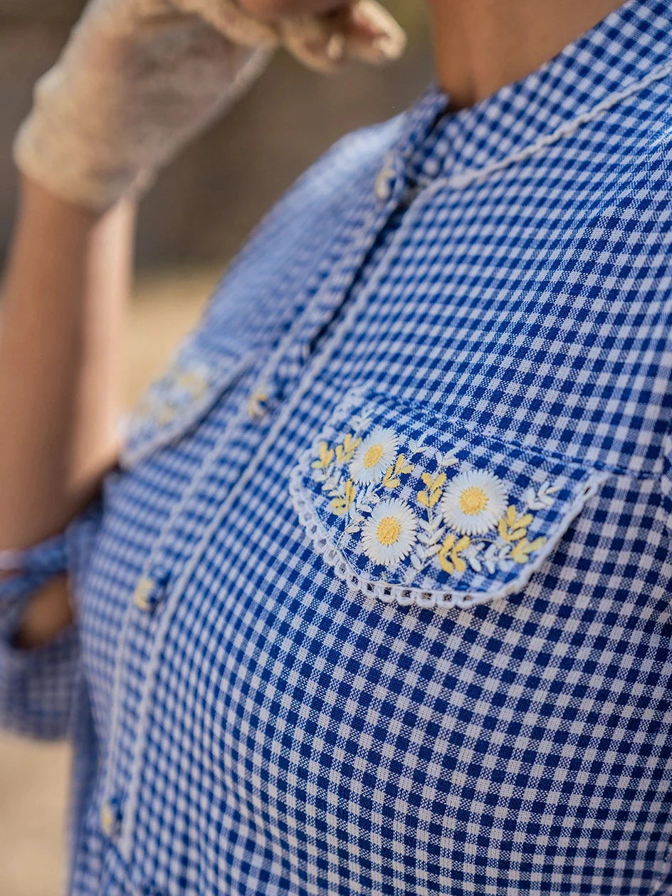 Blue Cotton Check Short Dress