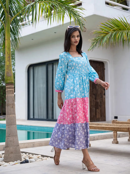 Blue Cotton Colour Blocking Tiered Dress