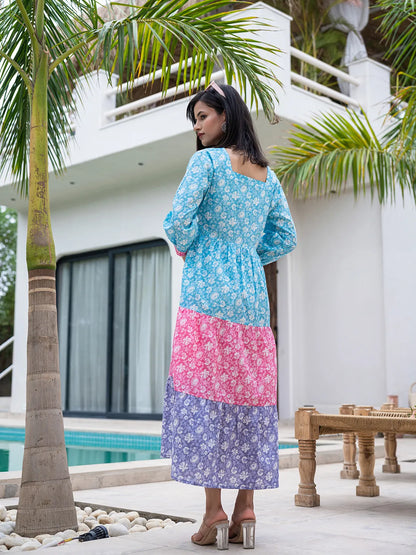 Blue Cotton Colour Blocking Tiered Dress