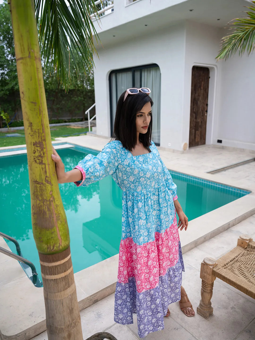 Blue Cotton Colour Blocking Tiered Dress