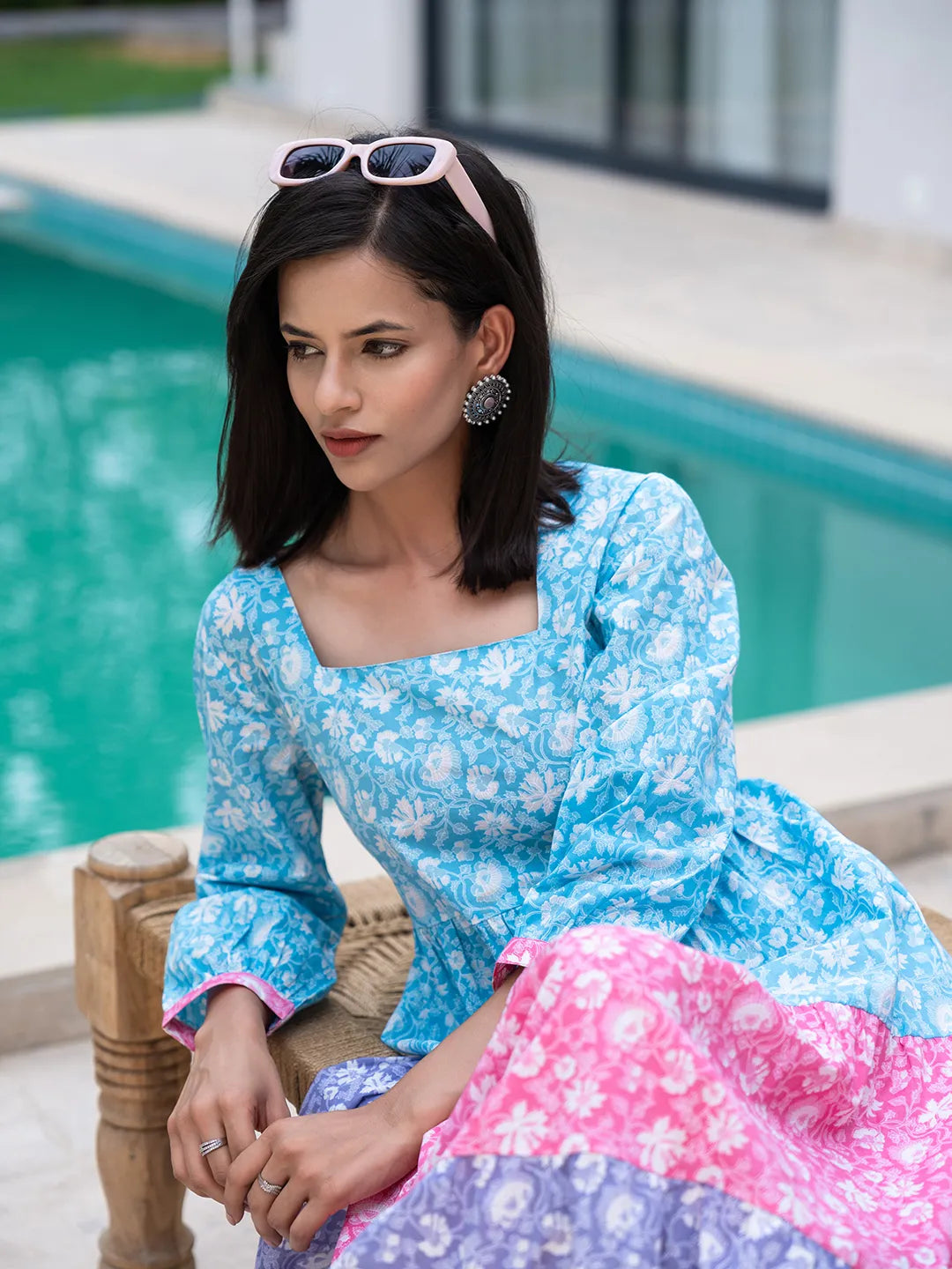 Blue Cotton Colour Blocking Tiered Dress