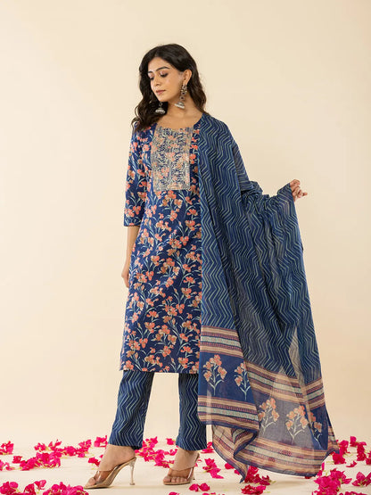 Blue Cotton Dori Embroidery Straight Kurta Dupatta Pant Set