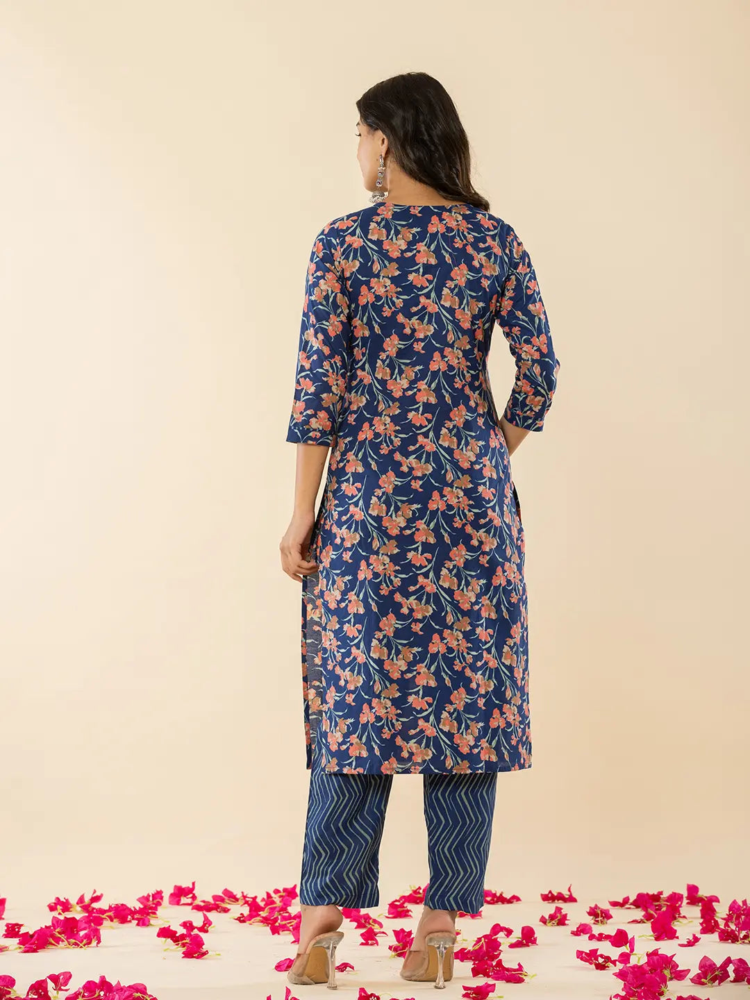 Blue Cotton Dori Embroidery Straight Kurta Dupatta Pant Set