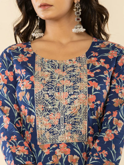 Blue Cotton Dori Embroidery Straight Kurta Dupatta Pant Set