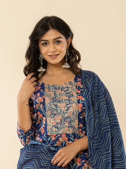 Blue Cotton Dori Embroidery Straight Kurta Dupatta Pant Set