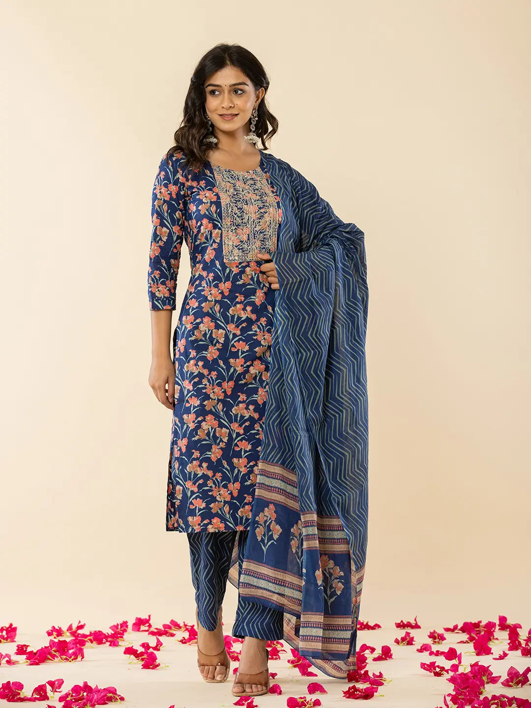 Blue Cotton Dori Embroidery Straight Kurta Dupatta Pant Set